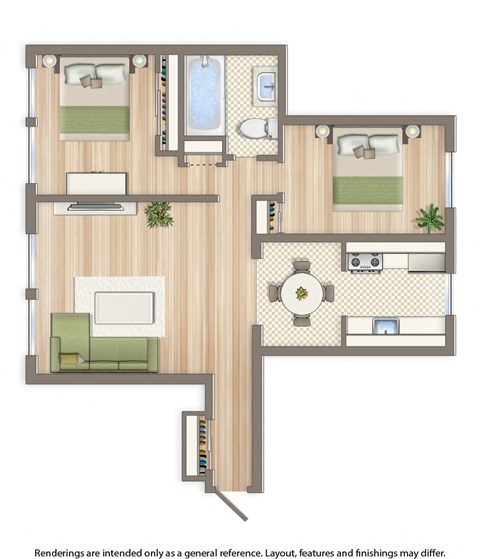 meridian park two bedroom floor plan rendering